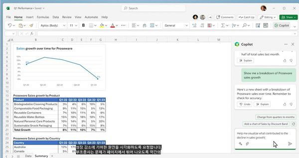 MS 365 코파일럿을 통해 엑셀 작업을 하는 모습/사진=MS 행사 영상 캡처