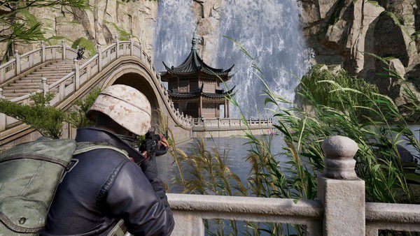 '틴 룽 가든'의 정자와 폭포를 바라보고 있는 모습. / 사진=크래프톤 제공