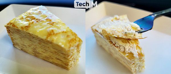 포크로 떠먹지 말고(왼쪽) 한겹씩 벗겨 먹어야 하는 크레이프 케이크/사진=이소라 기자