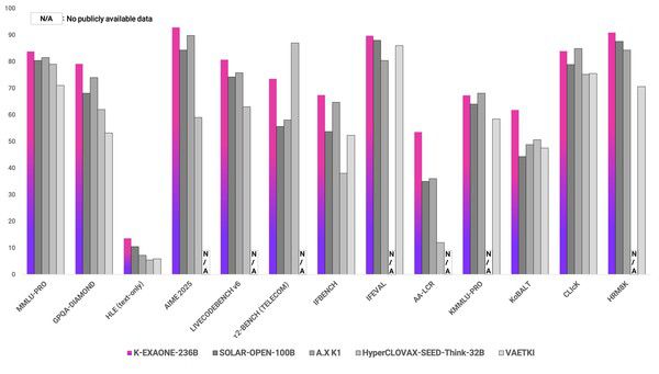 독자 AI 파운데이션 모델 프로젝트 참여 모델들의 공통 벤치마크 13종 성능 비교 결과 /사진=LG AI연구원 제공