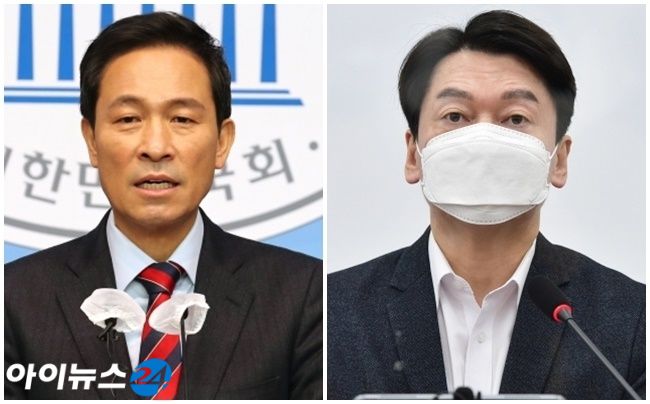 우상호 더불어민주당 의원(왼쪽)과 안철수 국민의당 대표. [사진=조성우 기자]