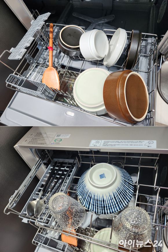 SK매직 트리플케어 식기세척기 식기바구니 상·하단에 그릇을 배치한 모습. [사진=서민지 기자]