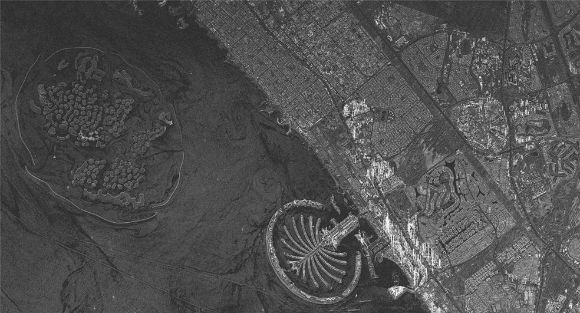 차세대소형위성2호 영상레이다 시험관측 사진. 아랍에미리트 인공 섬: (좌) 더 월드 (우)팜 주메이라. 2023.08.02. [사진=KAIST]