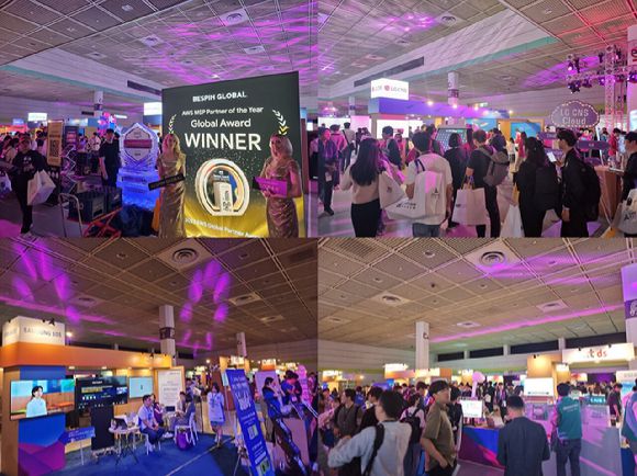 (왼쪽 위부터 시계방향) AWS 서밋 2024의 베스핀글로벌, LG CNS, KT DS, 삼성SDS 부스 전경. [사진=윤소진 기자]