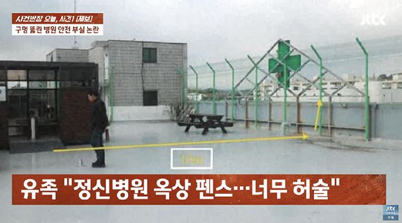 정신병원 폐쇄병동에 입원한 지 19일 만에 환자가 옥상에서 추락해 숨진 가운데, 병원이 안전 관리를 소홀히 했다는 유족의 주장이 알려졌다. 사진은 해당 병원 옥상. [사진=JTBC]