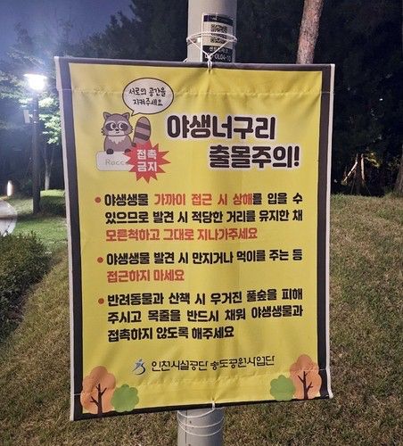 센트럴파크에 걸린 야생너구리 출몰주의 현수막. [사진=연합뉴스]