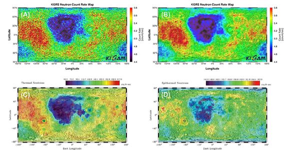 KGRS 중성자 지도(A, B)와 루나 프로스펙터 열중성자지도(C), 열외중성자지도(D). [사진=지질자원연]