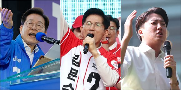 제21대 대통령 선출을 위한 공식 선거운동이 시작된 지난 12일 이재명 더불어민주당 대선 후보(사진 왼쪽부터)가 대전 으능정이거리 스카이로드에서, 김문수 국민의힘 대선 후보가 대구 서문시장에서, 이준석 개혁신당 대선 후보가 서울 청계광장에서 지지를 호소하는 연설을 하고 있다. [사진=연합뉴스]
