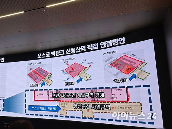 포스코이앤씨가 제안한 용산정비창 전면1구역과 신용산역 연결방안. [사진=이수현 기자]