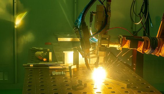 생기원 연구팀이 레어저-아크 하이브리드 용접장비로 용접하는 모습을 관찰하고 있다. [사진=생기원]