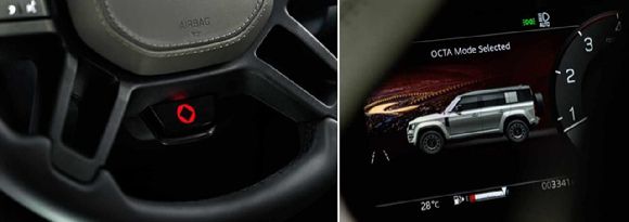 랜드로버 '올 뉴 디펜더 OCTA' 주행모드 버튼과 화면. [사진=JLR 코리아]