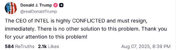 도널드 트럼프 대통령이 7일(현지시간) 트루스소셜에 남긴 립부 탄 인텔 CEO 관련 게시물. [사진=트럼프 대통령의 트루스소셜 계정]