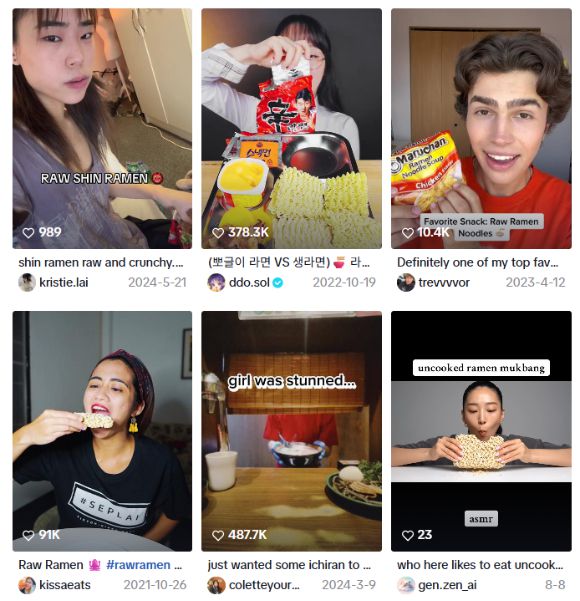 이 때문에 '라면 날로 먹기 챌린지'에 대한 비판의 목소리도 커지고 있다. 사진은 'Eat Ramen Raw' 챌린지. [사진=틱톡 갈무리]