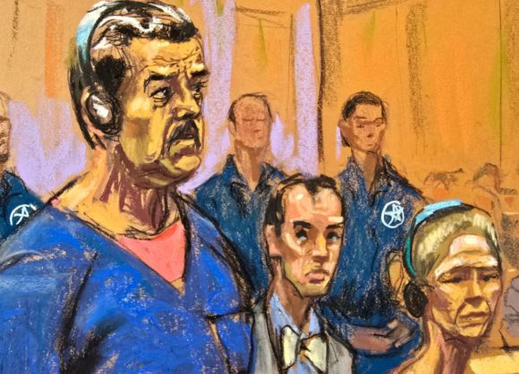 미국 법정에 선 마두로와 그의 부인을 그린 법정 스케치. [사진=AFP/연합뉴스]