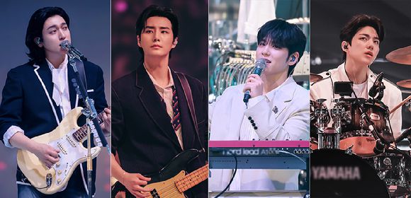 밴드 데이식스(성진 영케이 원필 도운)가 18일 서울 송파구 올림픽 공원 KSPO DOME에서 열린 세 번째 월드 투어 '포에버 영 피날레 인 서울'에서 무대를 선보이고 있다. [사진=JYP엔터테인먼트]
