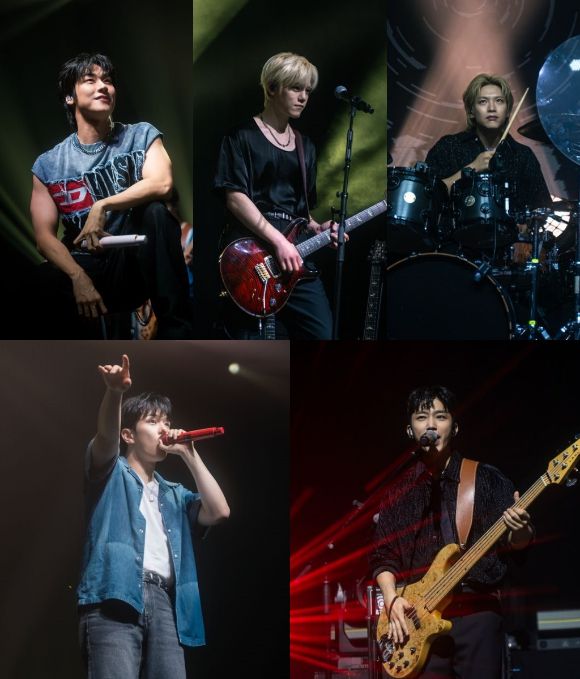 밴드 엔플라잉(이승협, 차훈, 김재현, 유회승, 서동성)이 월드투어 2025 N.Flying LIVE WORLD TOUR '&CON4 : FULL CIRCLE'(2025 엔플라잉 라이브 월드 투어 '엔콘4 : 풀 써클')에서 환상적인 무대를 보여주고 있다. [사진=FNC엔터테인먼트]