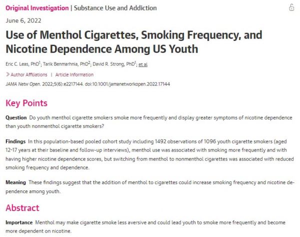 '미국 청소년의 멘톨 담배 사용, 흡연 빈도 및 니코틴 의존도' /JamaNetwork 갈무리