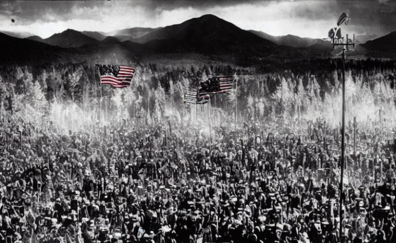 프롬프트 "앤셀 아담스 사진, 묵시록, 축제, 성조기, 시네마틱 조명, 황금시간"으로 생성된 이미지.(사진=프롬프트베이스)