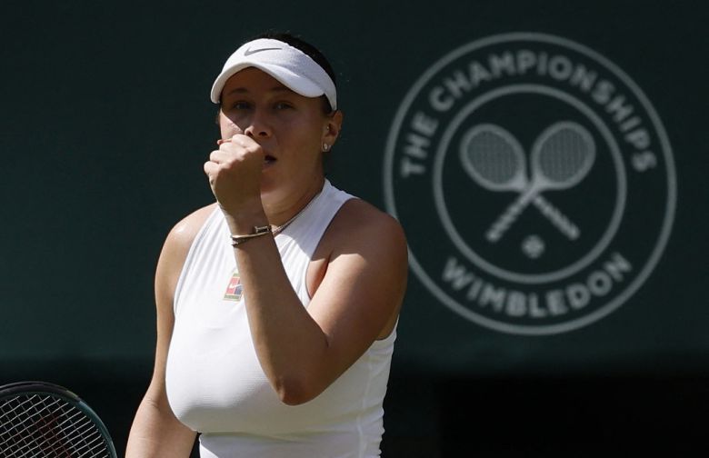 [SWTV 스포츠W 임재훈 기자] 아니시모바는 세계 랭킹 1위 아리나 사발렌카에 2-1 승리를 거두고 생애 처음으로 윔블던 결승에 올랐다. (사진: 로이터=연합뉴스)