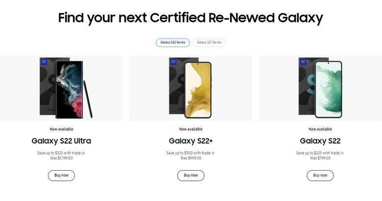 삼성전자가 미국 삼성 닷컴에서 판매하고 있는 리뉴드폰 종류. 이미지｜미국 삼성닷컴