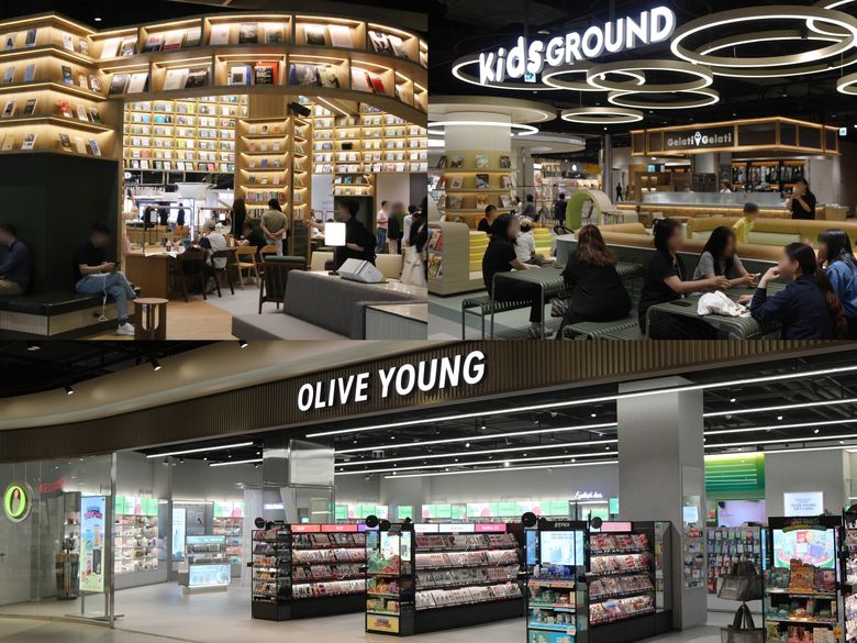스타필드 마켓 킨텍스점. (왼쪽 위부터 시계 방향)북그라운드, 키즈그라운드, 올리브영 매장. 사진ㅣ이마트