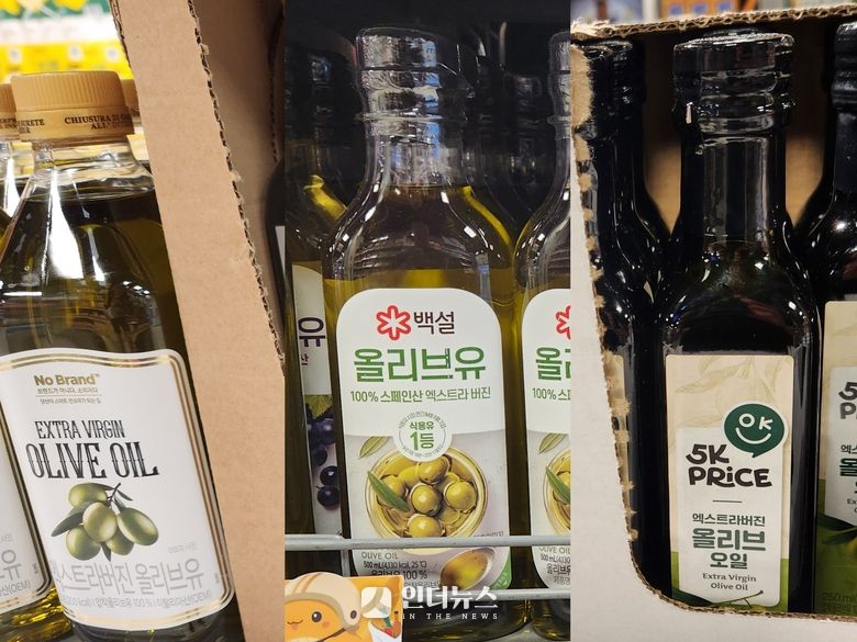 (왼쪽부터)노브랜드 올리브오일, 백설 올리브오일, 5K프라이스 올리브 오일. 사진ㅣ인더뉴스
