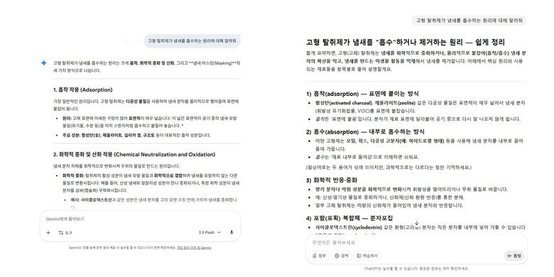 "고형 탈취제가 냄새를 흡수하는 원리에 대해 알려줘"라는 질문에 대한 제미나이(왼쪽)와 챗GPT(오른쪽)의 답변.