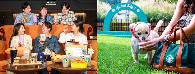 스타벅스 프렌즈 팝업 스토어에 있는 '센트럴 퍼크 카페 소파'(왼쪽)과 스타벅스 더북한강R점에서 '퍼푸치노'를 즐기는 반려견과 고객(오른쪽). 사진ㅣ스타벅스 코리아