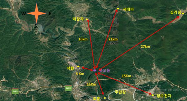 지명이 표시된 지역이 모두 최운산 장군 소유했던 지역으로 직선거리만 수십km에 이른다.최운산 장군이 봉오동에서 멀지 않은 자신의 소유지 서대파에 북로군정서를,십리평에 사관연성소를 창설해 군자금을 제공하고 운영을 지원했다.(사진=최운산기념사업회 홈페이지)