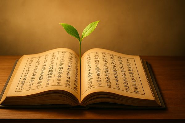 천 년의 지혜가 담긴 고서(古書)와 생명의 상징인 푸른 새싹이 어우러져, 인류 공동의 지속가능한 미래를 향한 동양적 통찰을 제시한다.(사진=AI 생성, SDG 뉴스)