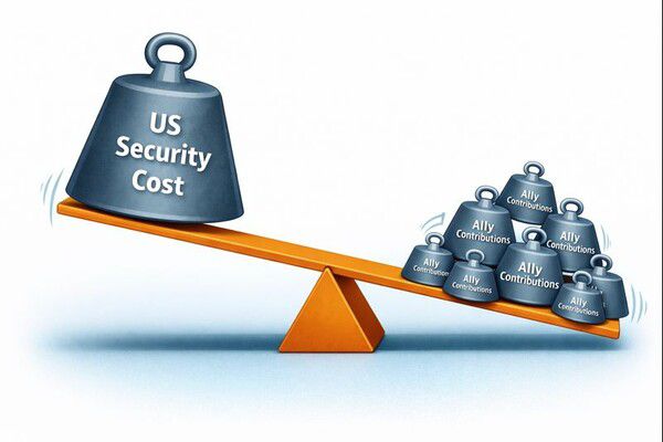 ▶ NSS가 요구하는 5% 공약은 '부담 공유'라는 명분 하에 미국의 안보 비용 부담(좌측)을 동맹국(우측)에게 대폭 이전시키려는 '거래적 일방주의'의 본질을 보여준다.(이미지=AI 생성,SDG뉴스)