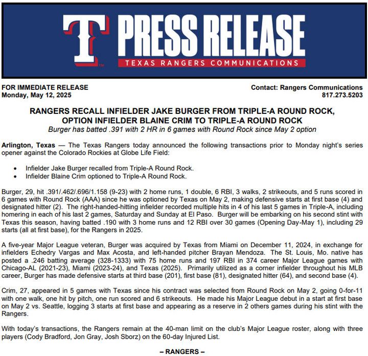 (버거의 메이저리그 복귀 소식을 전한 텍사스 구단의 보도자료)