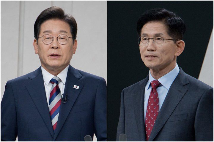 더불어민주당 이재명·국민의힘 김문수 대선 후보가 27일 서울 마포구 상암동 MBC 스튜디오에서 진행된 정치 분야 TV토론회를 준비하고 있다.