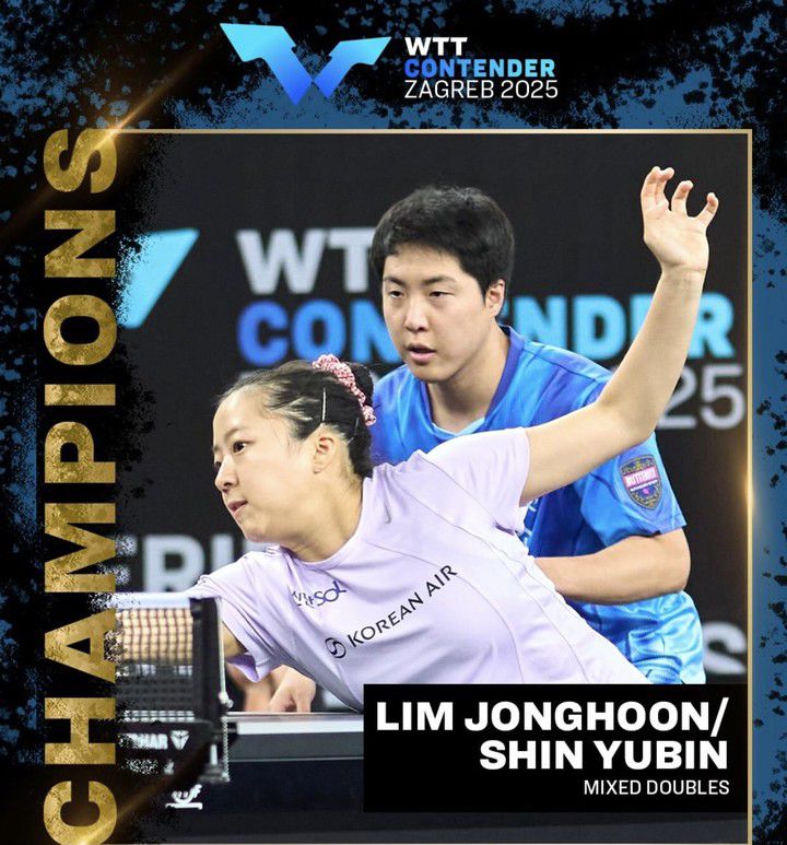 WTT 자그레브 혼합복식 우승을 합작한 신유빈(앞)과 임종훈