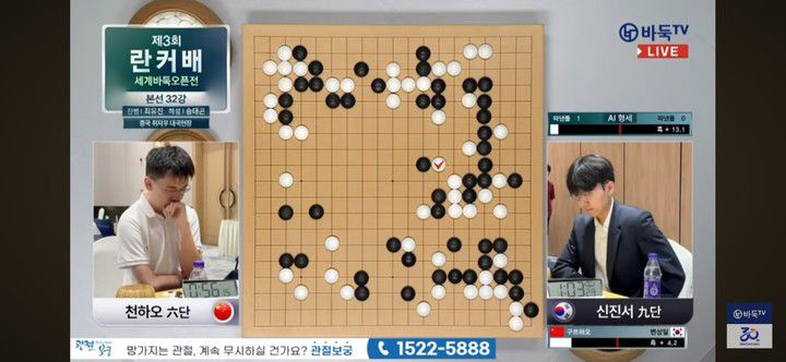 중반 들어 인공지능 승리 예상치가 흑 쪽으로 확 기울어 있다. (사진 바둑TV 캡처)