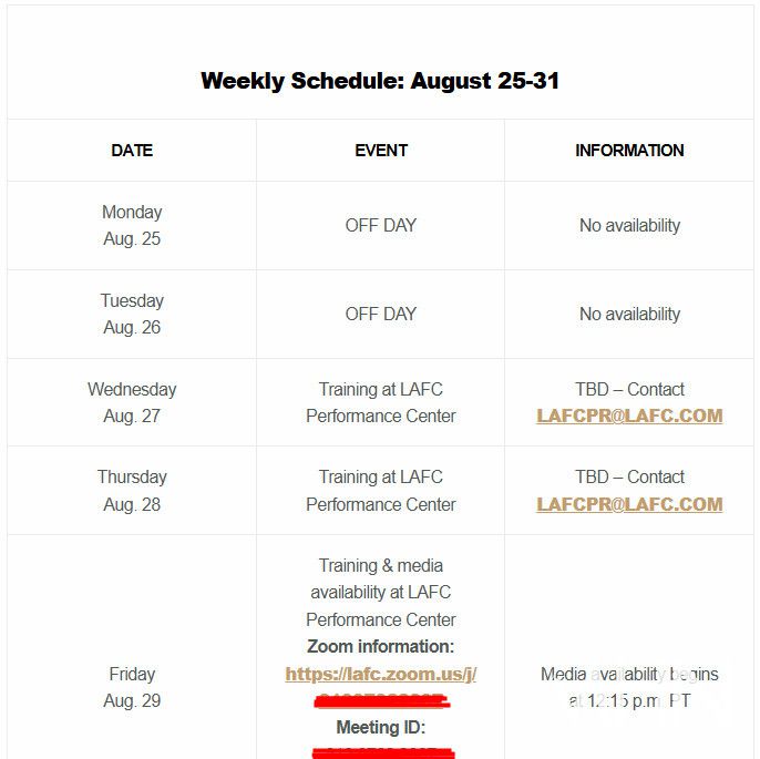 (LA FC가 MHN에 보내준 손흥민 트레이닝 일정)