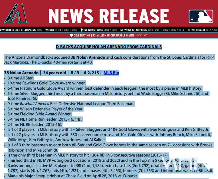 (MHN에 보내온 애리조나 구단의 아레나도 영입관련 보도자료)