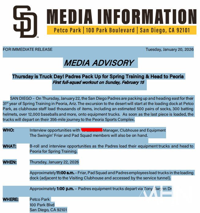 (샌디에이고 구단이 MHN에 보내온 '트럭데이' 관련 보도자료)