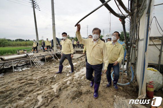 문재인 대통령이 12일 집중호우 피해를 입은 충남 천안 병천천 제방 복구 현장을 방문해 유실된 비닐하우스 현장을 살펴보고 있다. (청와대 제공) 2020.8.12/뉴스1 /사진=뉴스1
