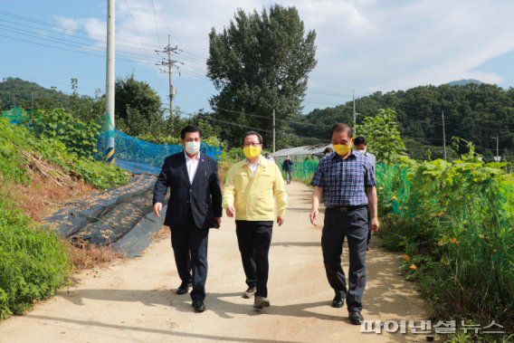 (왼쪽부터)이도재 남양주시의원. 조광한 남양주시장, 이창희 남양주시의원이 26일 태풍 바비에 대비해 관내 농장 안전점검에 나섰다. 사진제공=남양주시