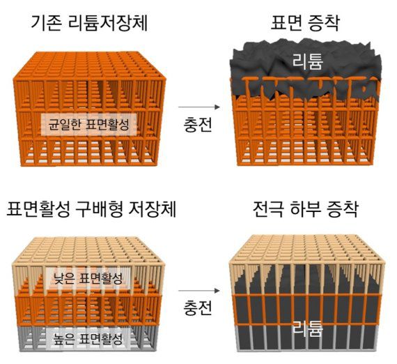 기존 리튬저장전극은 리튬이 구조체 내부에 저장되는 것이 아니라 구조체 표면에 불균일하게 증착되는 문제가 발생한다. 이에 반해 표면활성 구배형 전극은 리튬저장 반응이 전극하부부터 균일하게 진행되는 것을 전기화학 시뮬 레이션을 통해 예측하였다. DGIST 이종원 교수 제공
