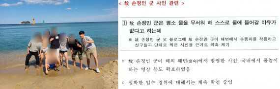 고 (故) 손정민씨 유족측은 고인이 물놀이를 싫어해 스스로 강에 들어갈 이유가 없다며 바닷가로 놀러간 고인이 친구들과 달리 혼자 운동화를 신고 있는 사진(왼쪽 사진 맨왼쪽)을 공개했다. 반면 경찰은 27일 중간수사결과 발표를 통해 고인이 국내외에서 물놀이를 한 사진과 동영상을 확보했다고 밝혀, 유족들 주장을 간접 반박했다. (SNS 갈무리) © 뉴스1 /사진=뉴스1