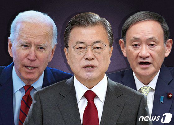 조 바이든 미국 대통령, 문재인 대통령, 스가 요시히데 일본 총리. 뉴스1