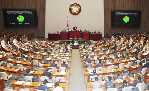 지난달 31일 국회에서 열린 본회의에서 한미 방위비분담금특별협정(SMA) 비준 동의안인 '대한민국과 아메리카합중국 간의 상호방위조약 제4조에 의한 시설과 구역 및 대한민국에서의 합중국군대의 지위에 관한 협정 제5조에 대한 특별조치에 관한 대한민국과 미합중국 간의 협정 비준동의안'이 통과되고 있다. 뉴스1