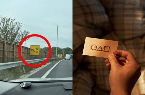 영국 버크셔주 슬라우 인근의 M4고속도로에 설치된 표지판이 넷플릭스 오리지널 드라마 '오징어게임'에 나온 초대장과 유사해 화제를 모았다. (탬스밸리 도로경찰대 트위터 / '오징어게임' 갈무리) © 뉴스1 /사진=뉴스1