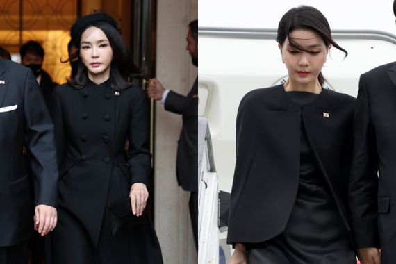 왼쪽 사진부터 김건희 여사가 19일(현지시간) 엘리자베스 2세 여왕의 장례식에 참석하기 위해 런던의 한 호텔을 나서고 있는 모습, 18일 영국 런던 스탠스테드공항에 도착해 공군 1호기에서 내리고 있는 모습. 연합뉴스