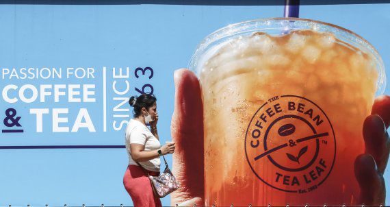 지난달 28일 오후 서울 시내 한 카페 외벽에 일회용 컵 사진이 게시돼 있다./뉴시스