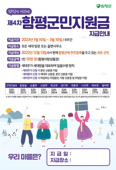 전남 함평군이 군민 생활 안정과 지역 경제 활성화를 위해 모든 군민에게 1인당 10만 원씩 제4차 군민재난지원금을 지급한다.