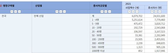 통계청 2021년 전국사업체조사-2021년 종사자규모별 사업체수 /통계청 제공