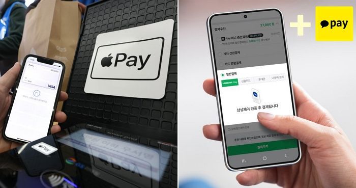(왼) 아이폰으로 애플페이 결제 이용 중인 모습. 뉴스1, (오) 삼성페이를 통해 네이버페이 간편결제 이용 중인 삼성 스마트폰의 모습. 삼성전자